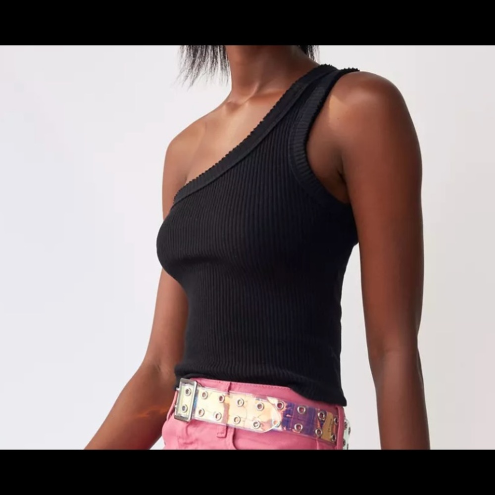 Urban Outfitters Black Ribbed One Shoulder Cropped Tank - Picture 2 of 3